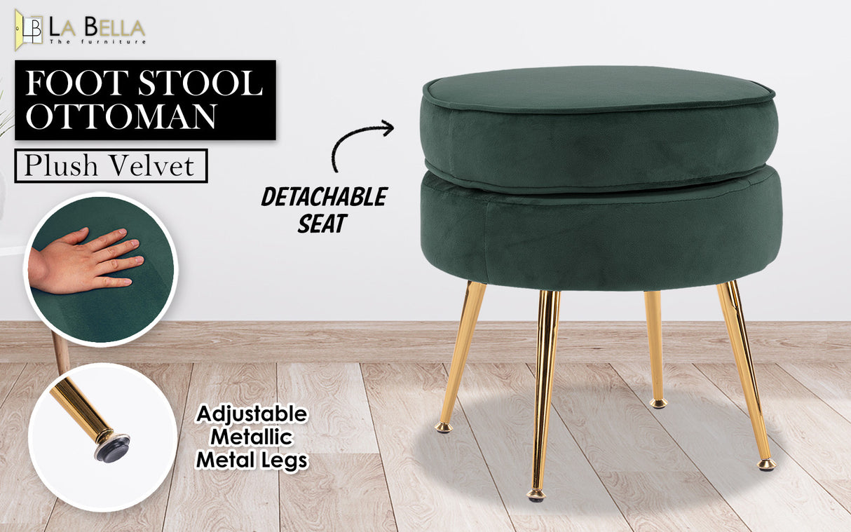 Foot Stool Ottoman Velvet Metal Leg Round - GREEN