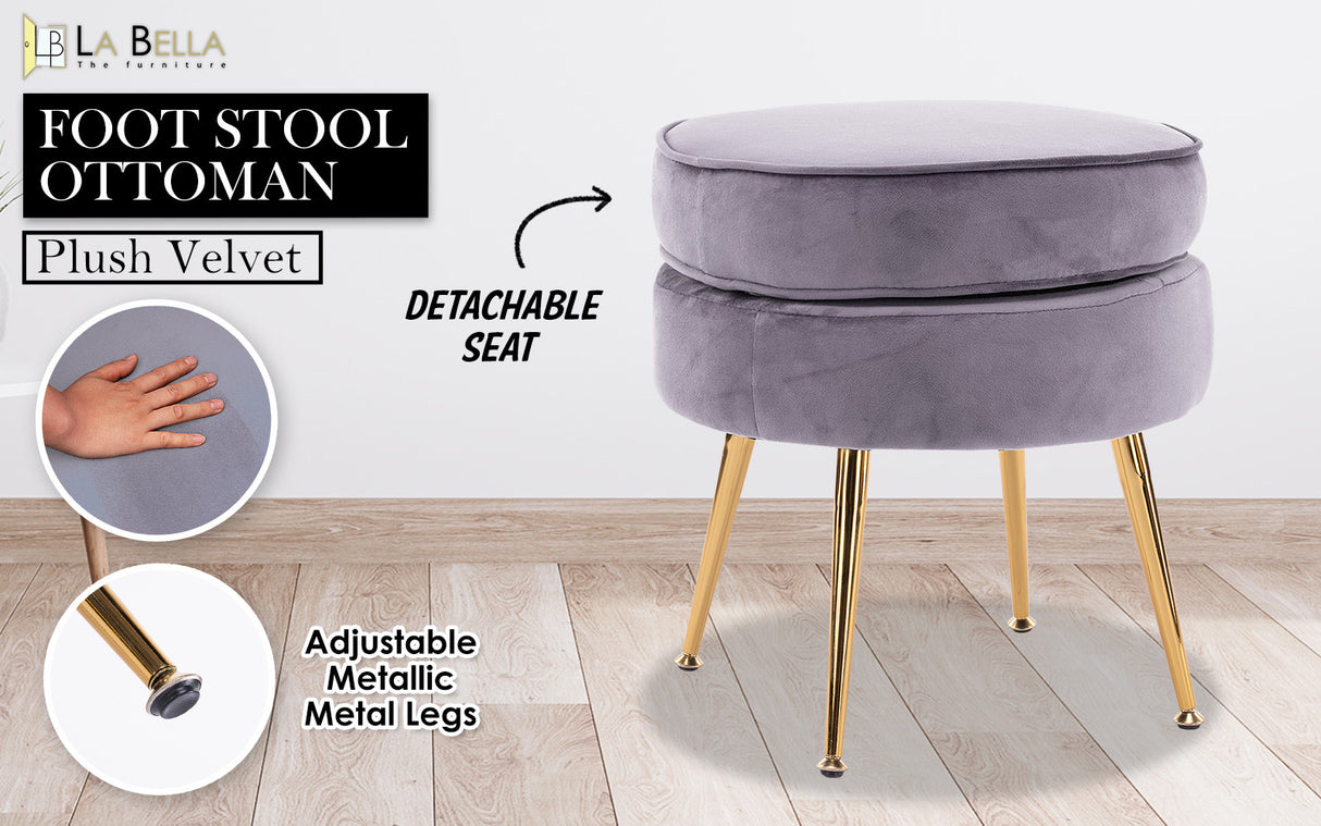 Foot Stool Ottoman Velvet Metal Leg Round - GREY