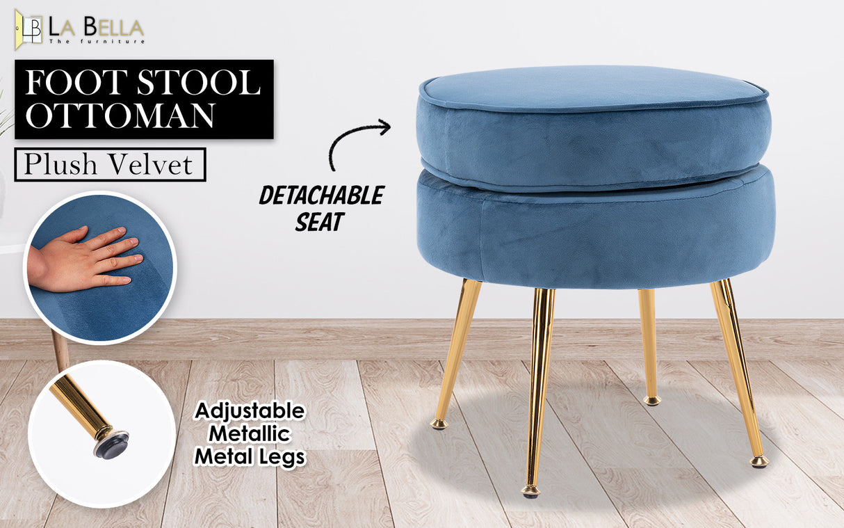 Foot Stool Ottoman Velvet Metal Leg Round - NAVY BLUE