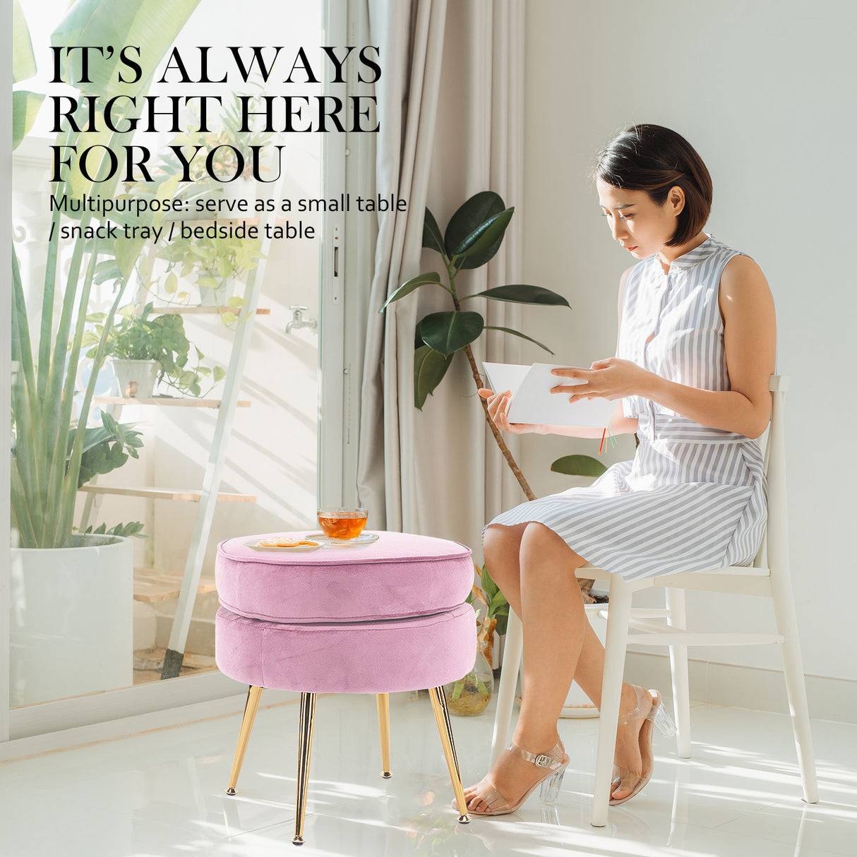 Foot Stool Ottoman Velvet Metal Leg Round - PINK