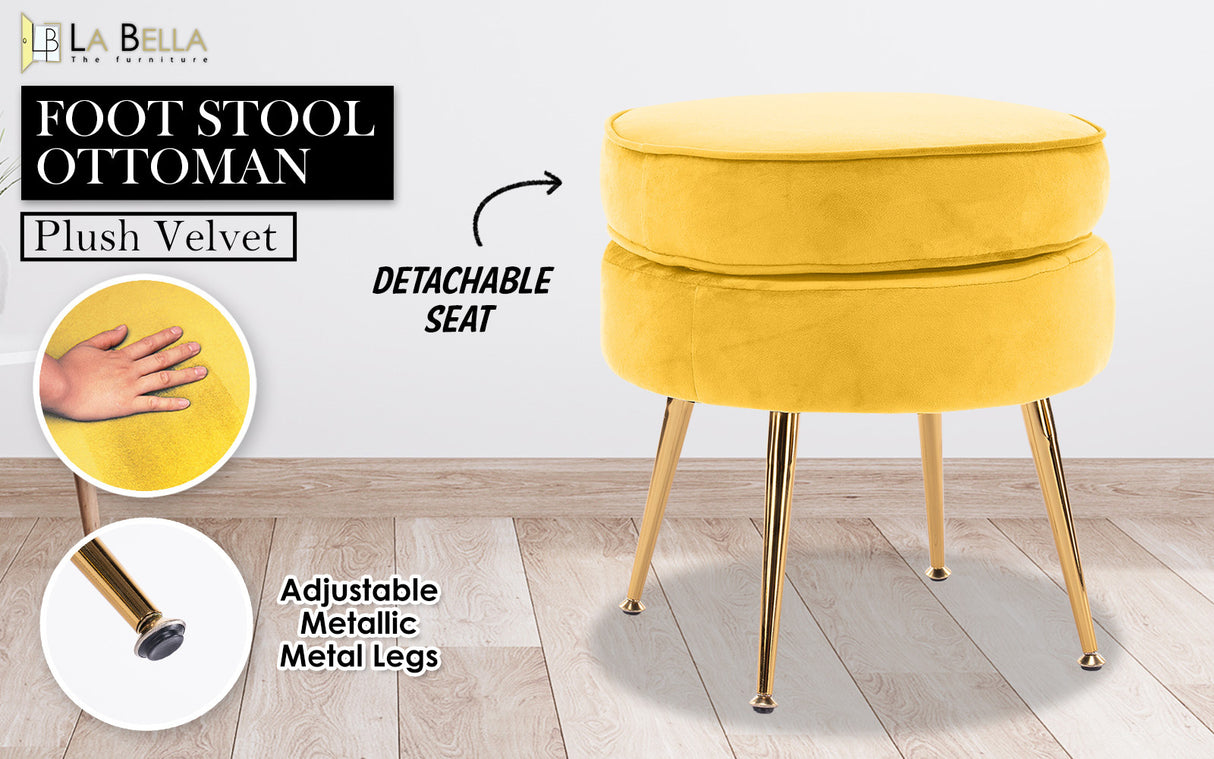 Foot Stool Ottoman Velvet Metal Leg Round - YELLOW