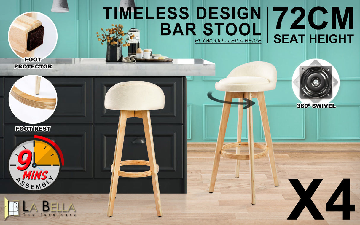4X 72cm Wood Bar Stool Fabric LEILA - BEIGE