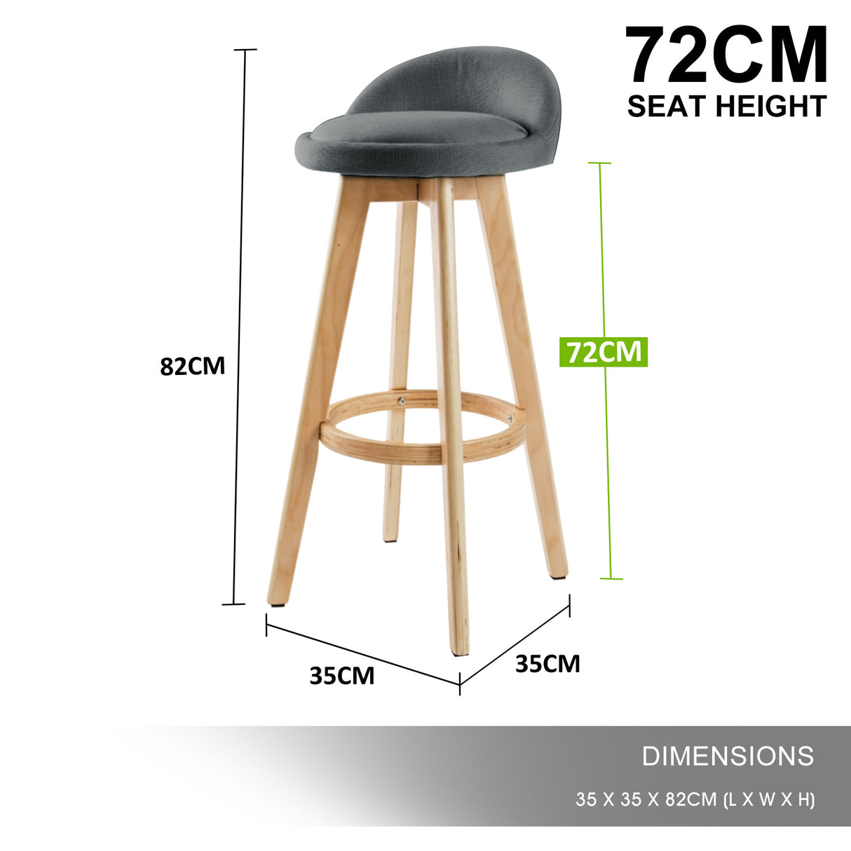 2X 72cm Wood Bar Stool Fabric LEILA - GREY