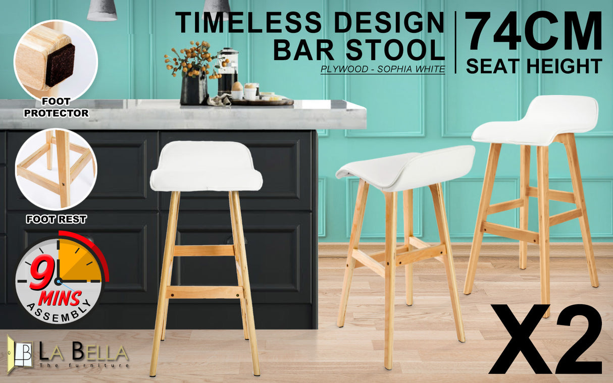 2X 74cm Wood Bar Stool Leather SOPHIA - WHITE