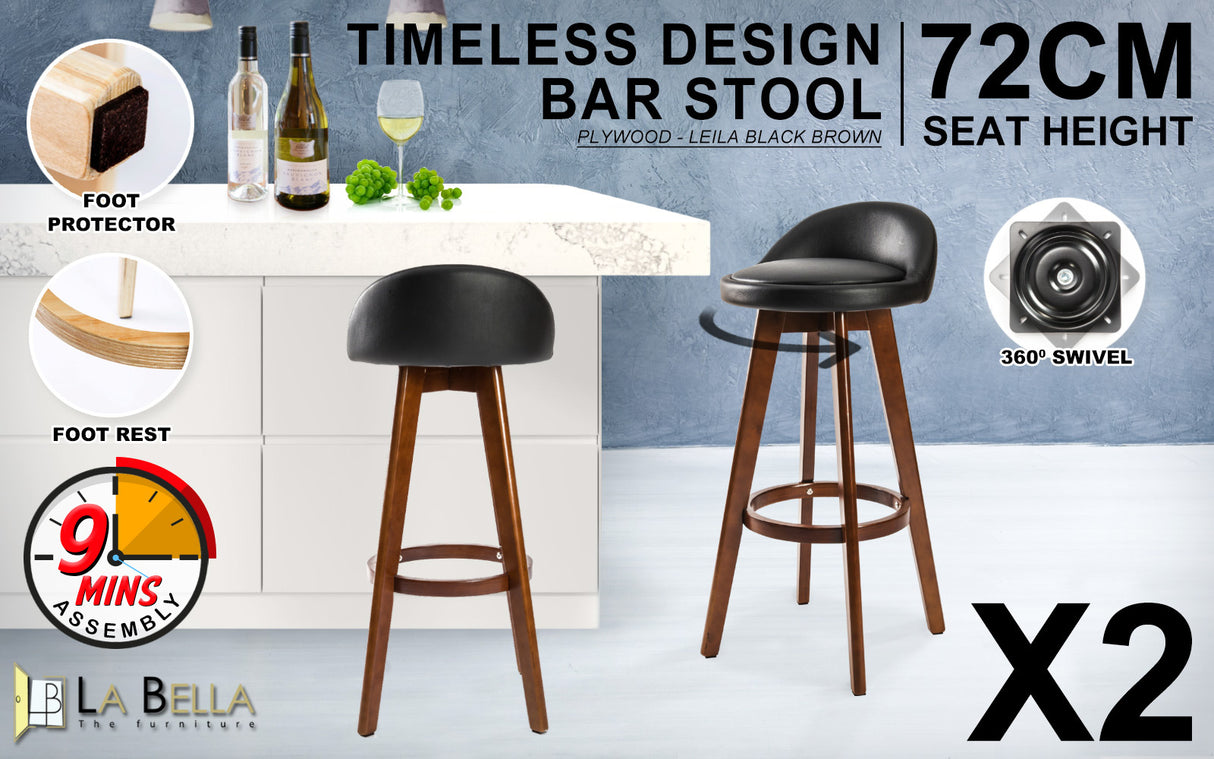 2X 72cm Wood Bar Stool Leather LEILA - BLACK BROWN