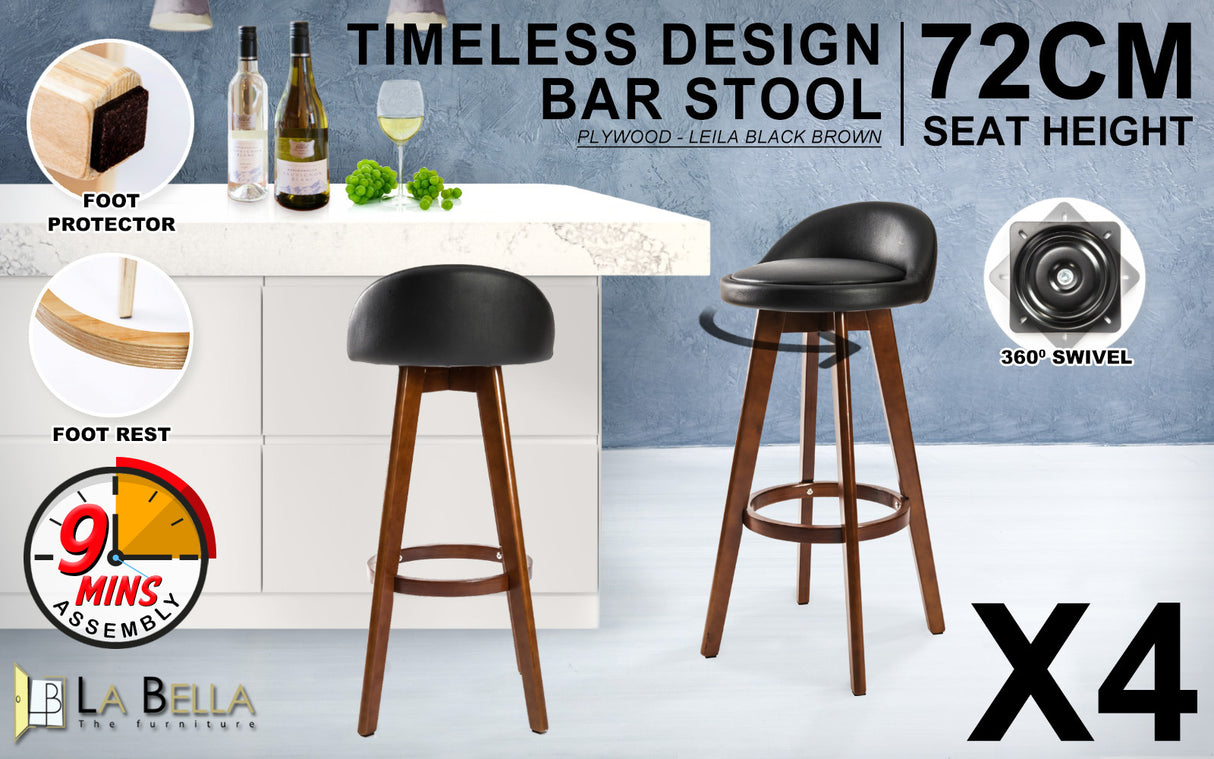 4X 72cm Wood Bar Stool Leather LEILA - BLACK BROWN