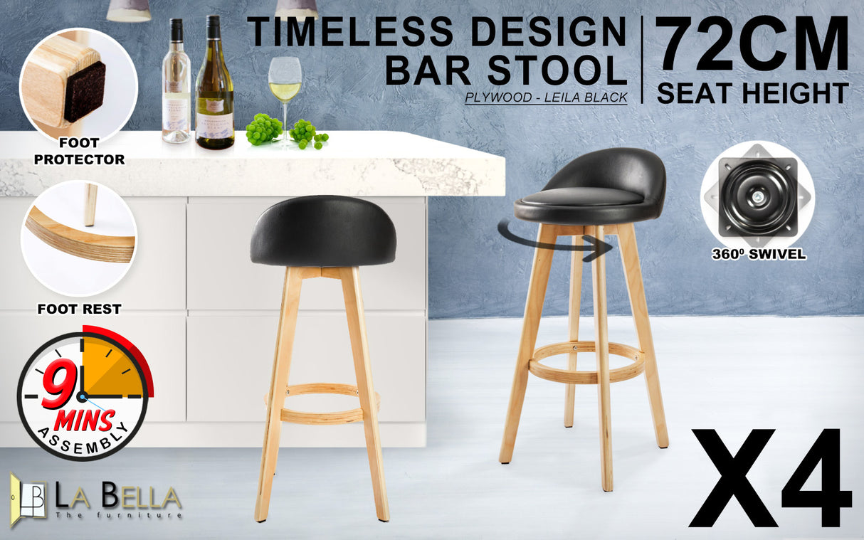 4X 72cm Wood Bar Stool Leather LEILA - BLACK