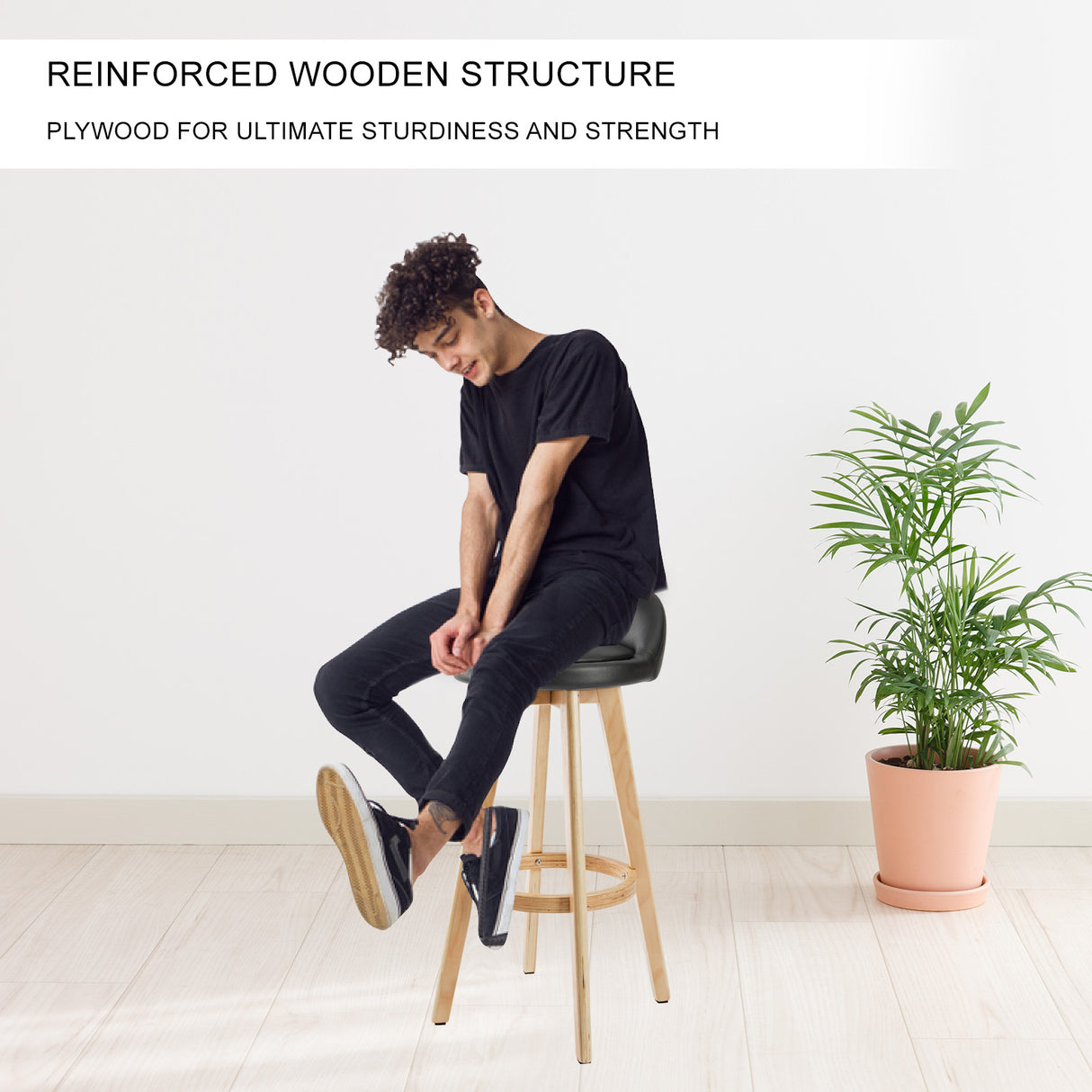 4X 72cm Wood Bar Stool Leather LEILA - BLACK