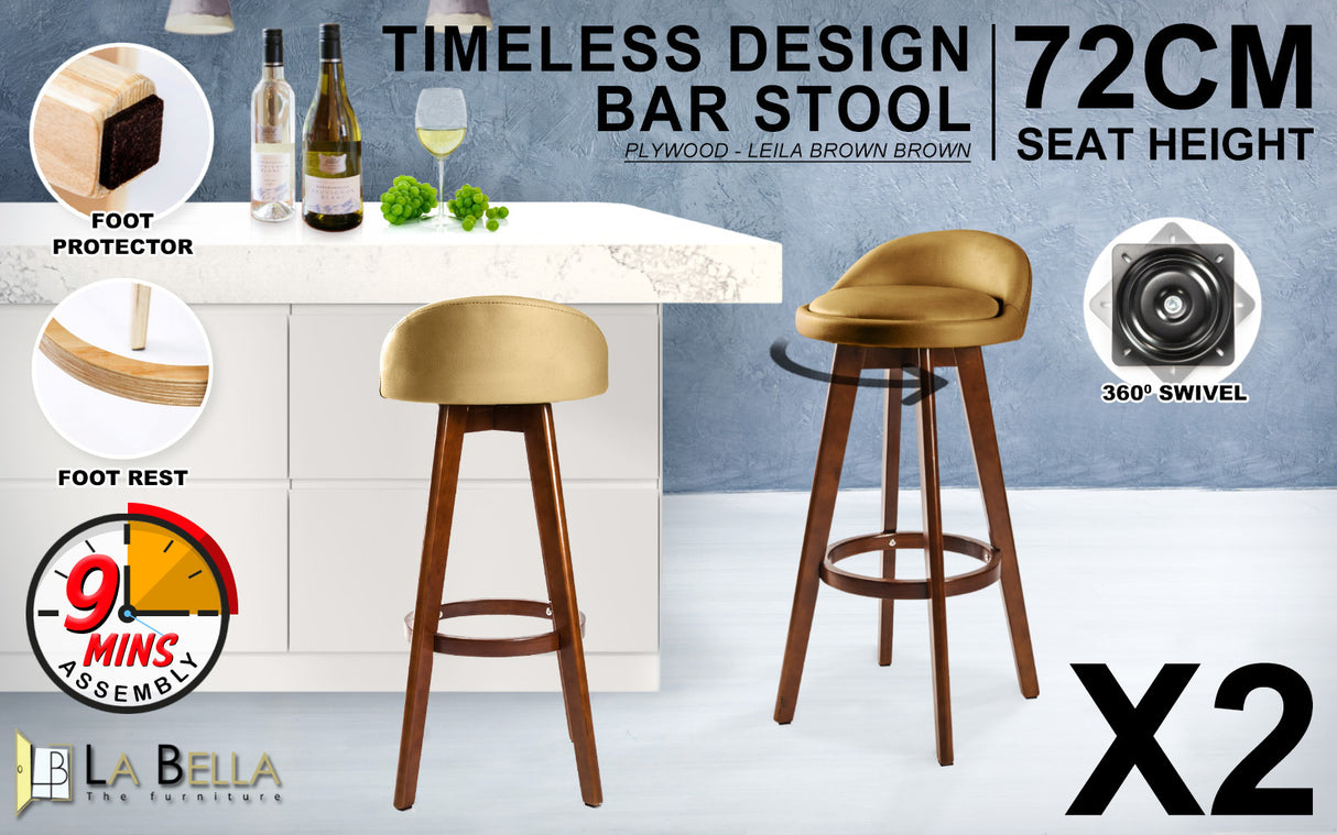 2X 72cm Wood Bar Stool Leather LEILA - COFFEE BROWN