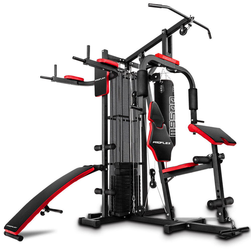 Proflex Red Multi Station Home Gym Set with 100lbs Plates & Boxing Bag- M9500