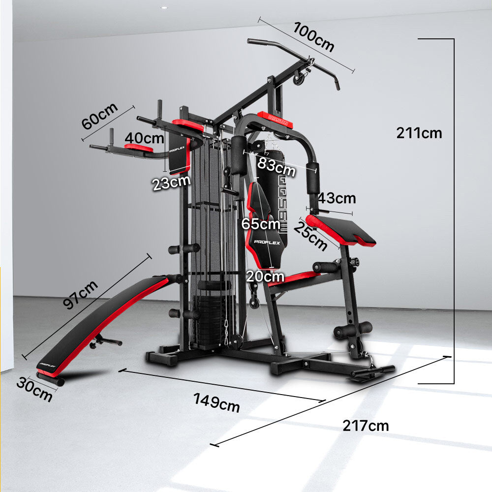 Proflex Red Multi Station Home Gym Set with 100lbs Plates & Boxing Bag- M9500
