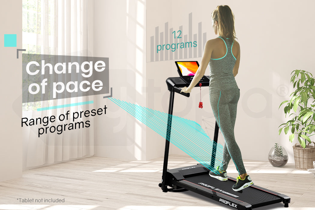 PROFLEX Electric Foldable Compact Treadmill with Bluetooth Speakers, Digital Device Stand - Black
