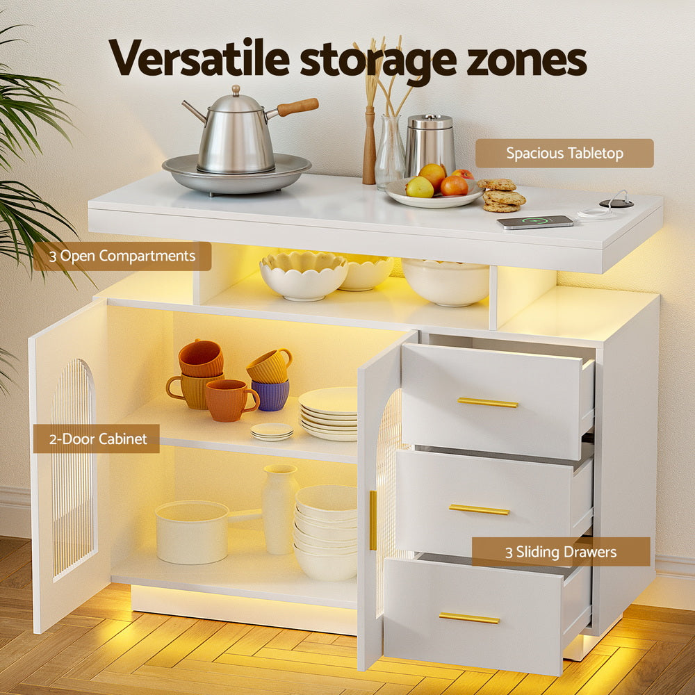 Artiss Buffet Sideboard Cabinet LED Clear Door Kitchen Storage Drawers White