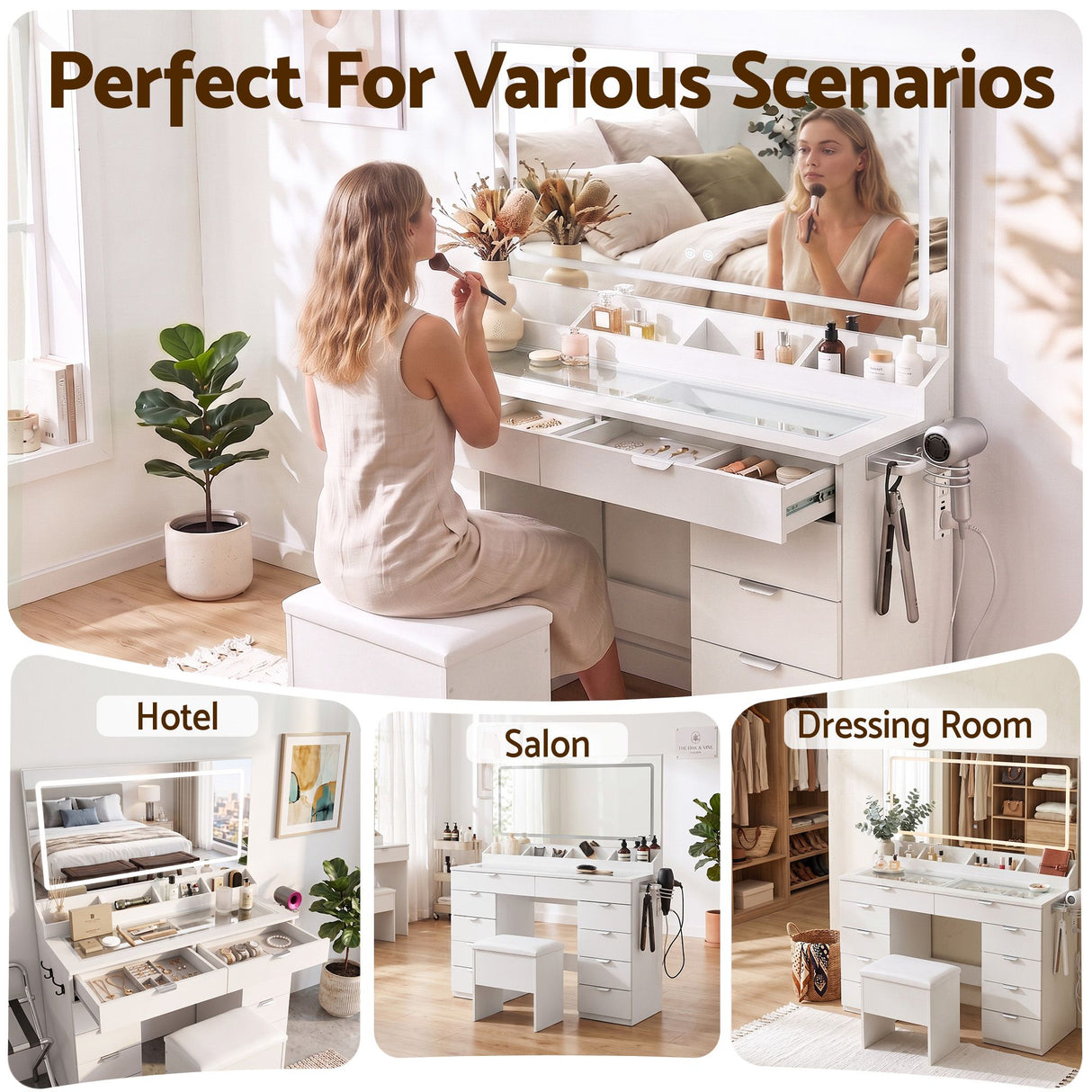 Artiss Dressing Table Makeup Vanity Desk Large LED Mirror 10 Drawers Power Outlet Hair Dryer Holder Hook White