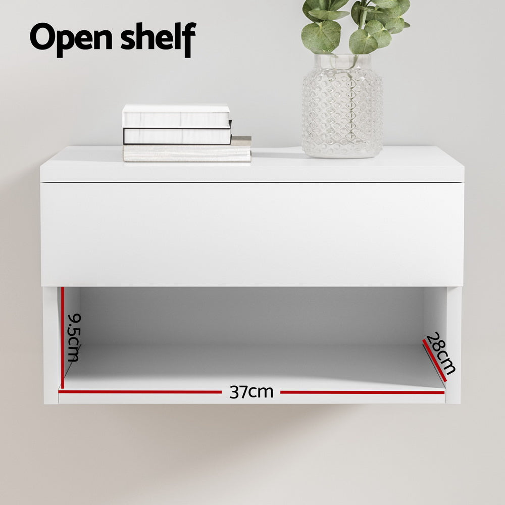 Modern White Floating Nightstand with Drawer and Open Shelf