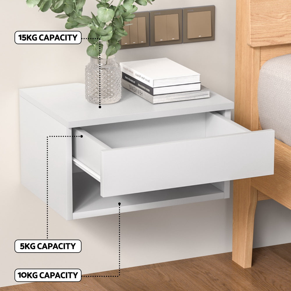 Modern White Floating Nightstand with Drawer and Open Shelf