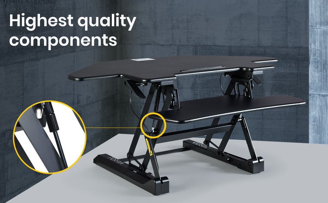FORTIA Corner Desk Riser 110cm Wide Adjustable Sit to Stand for Dual Monitor, Keyboard, Laptop, Black
