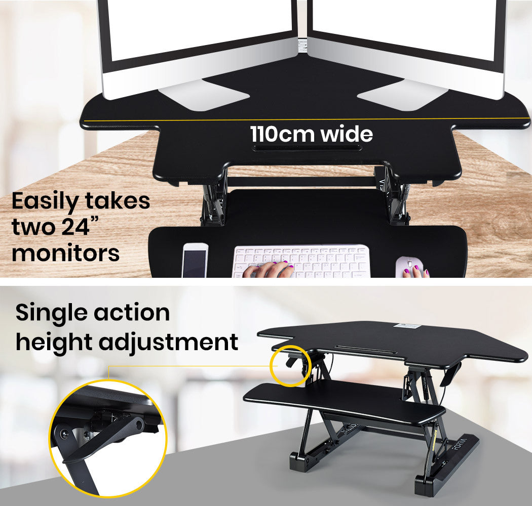 FORTIA Corner Desk Riser 110cm Wide Adjustable Sit to Stand for Dual Monitor, Keyboard, Laptop, Black