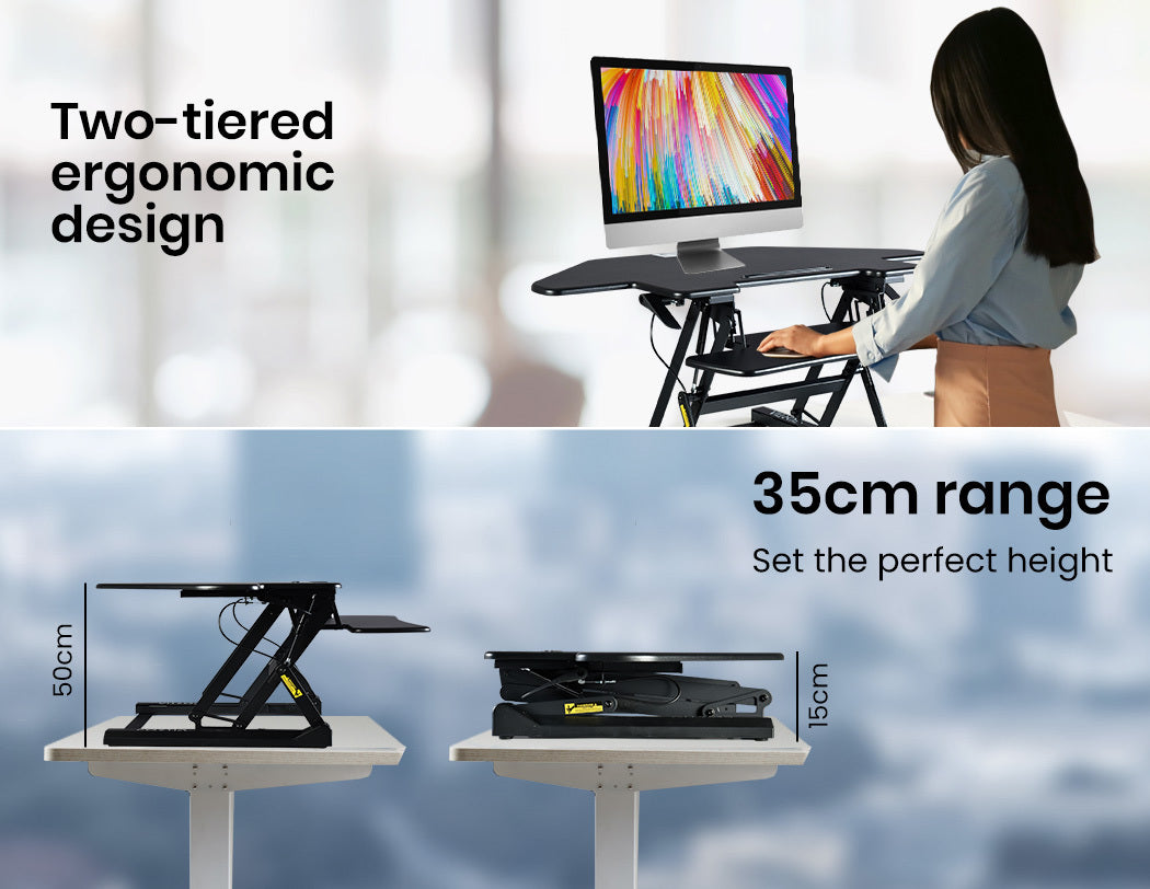 FORTIA Corner Desk Riser 110cm Wide Adjustable Sit to Stand for Dual Monitor, Keyboard, Laptop, Black