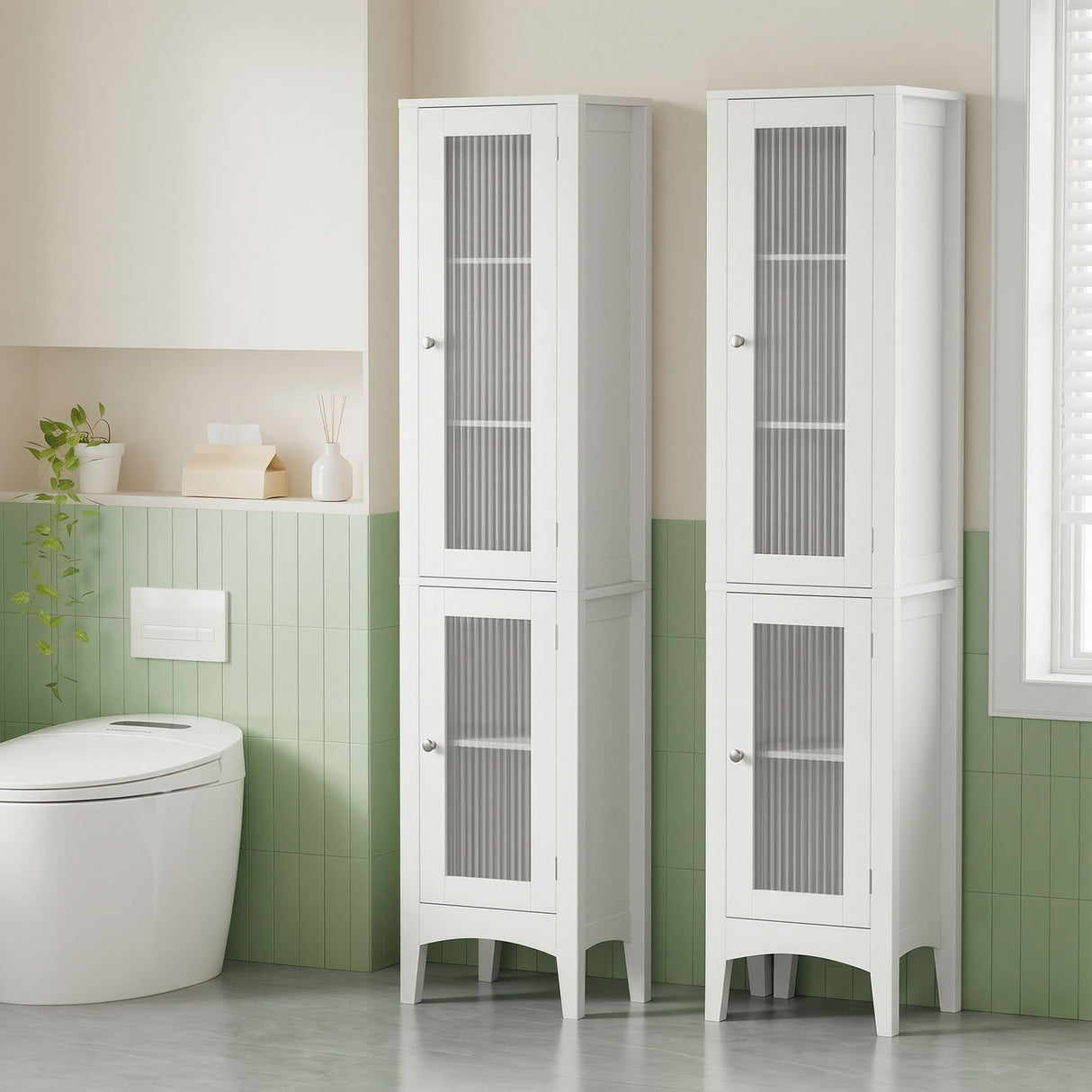 Artiss 2X Bathroom Storage Cabinet 160cm Tall Slim Floor Cupboard Toilet Glass Door White