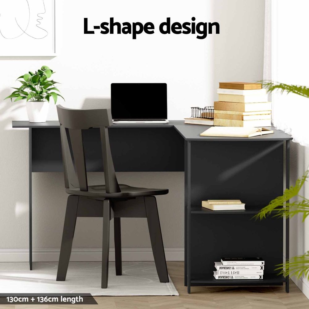 Artiss Office Desk and Chair Set L Shaped Computer Desk 136cm with 2 Tier Storage Shelves, Ergonomic Mesh Office Chair with Adjustable Headrest, Flip-Up Armrests & Lumbar Support