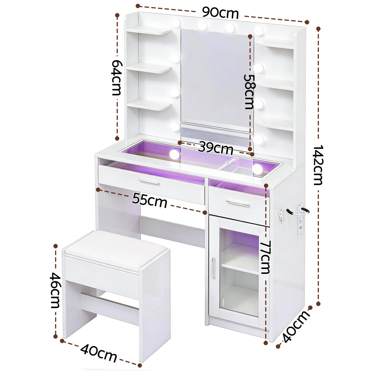 Artiss Dressing Table Vanity Desk Set 10 LED Bulbs RGB Light White