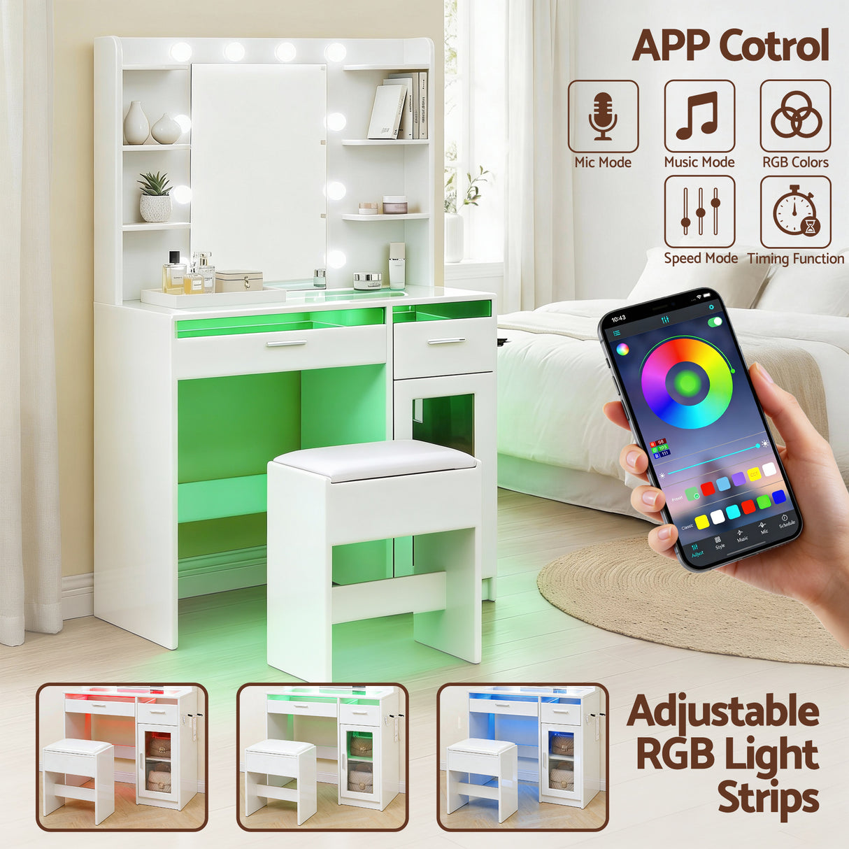 Artiss Dressing Table Vanity Desk Set 10 LED Bulbs RGB Light White