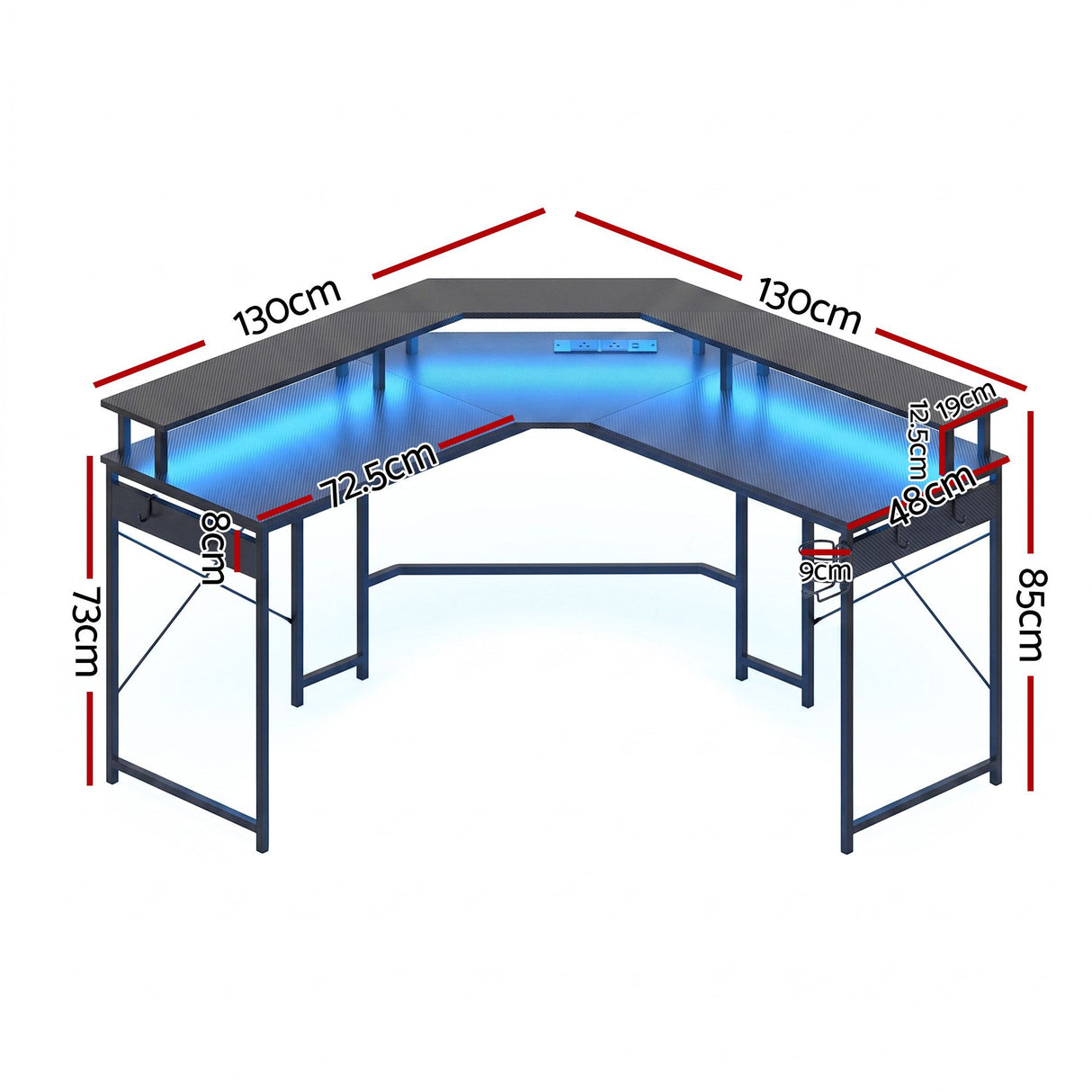 Artiss L-Shape Gaming Desk Computer Desks RGB LED Power Outlet 130cm Black