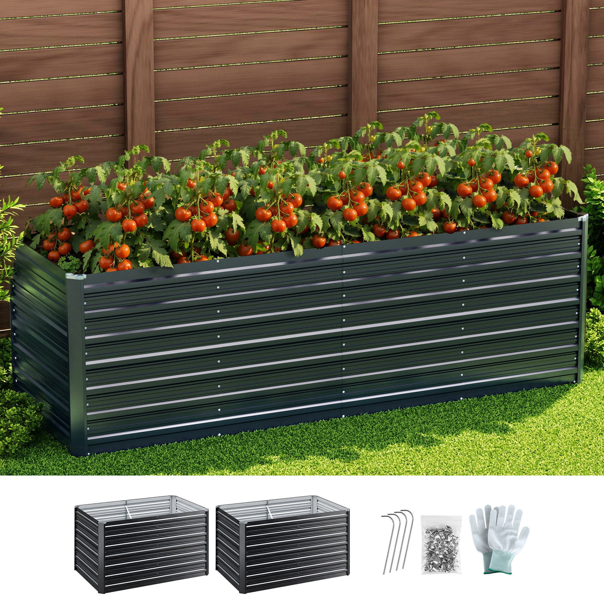 Green Fingers 2-in-1 Raised Garden Bed Kit, 240cm/120cm| 77cm Extra Deep Ergonomic Planter Box | Protect Your Back | Galvanised Steel Vegetable Flower Pot for Outdoor Garden | Includes Gloves & Pegs