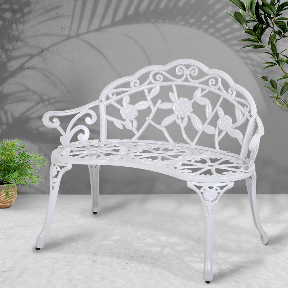 Gardeon Outdoor Garden Bench Seat 100cm Cast Aluminium Outdoor Patio Chair Vintage White
