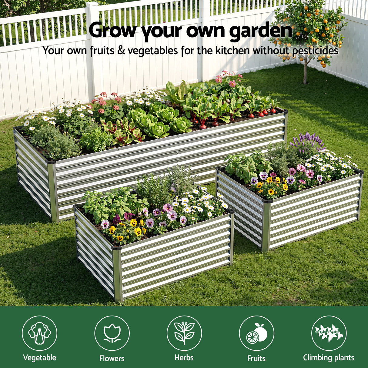 Green Fingers Raised Garden Bed 2 in 1 Modular Galvanised Planter Box Rust Resistant 240x80x60cm