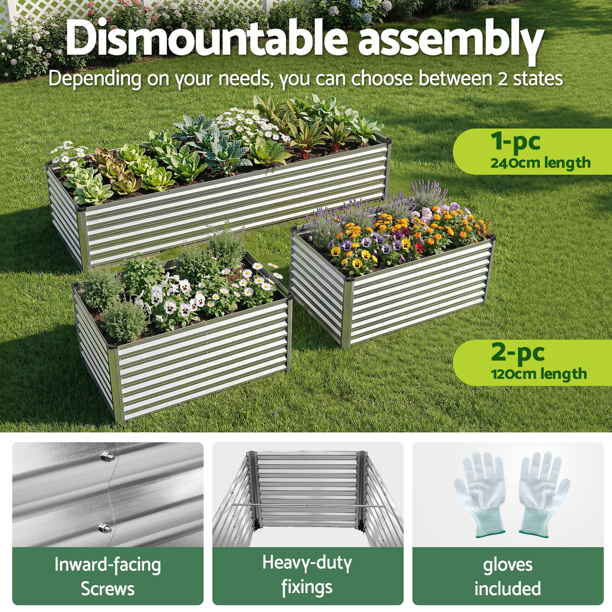 Green Fingers Raised Garden Bed 2 in 1 Modular Galvanised Planter Box Rust Resistant 240x80x60cm