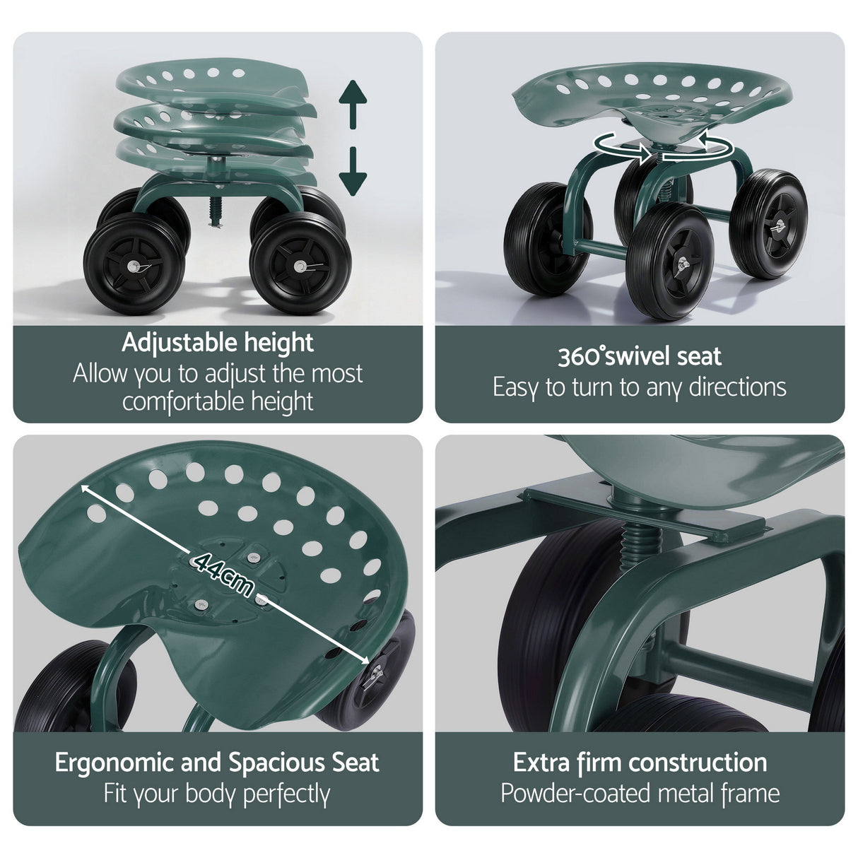 Gardeon Garden Seat 360 Swivel Rolling Adjustable Height Work Scooter Cart Wheels Heavy Duty 150kg