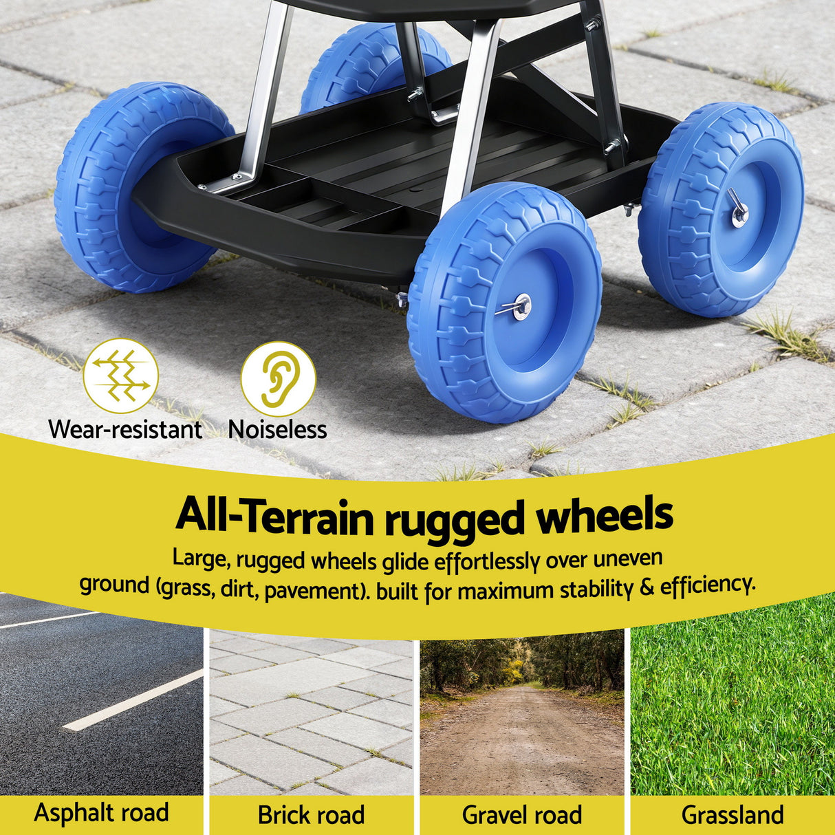Gardeon Garden Cart Seat with Wheels, Rolling Work Stool with Tool Storage Tray, 440lbs (200kg) Heavy Duty Capacity Garden Stool for Outdoor Yard Work, Car Detailing, and Garage Maintenance, Blue/Black