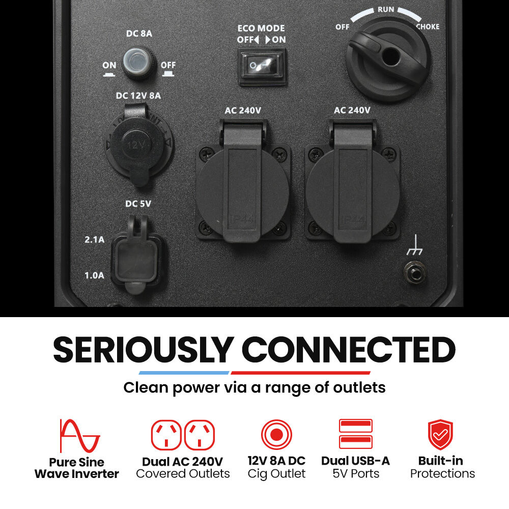 GENPOWER 3.5kW Peak 3kW Enclosed Inverter Generator, 2x15A, 12V, USB, Portable, Compact, Camping, Backup