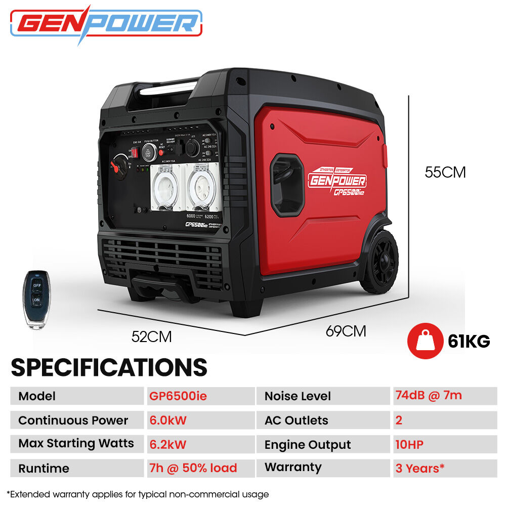 GENPOWER 6.2kW Peak 6.0kW Inverter Generator, Push Button & Remote Start, 15L Tank, Portable w/ Wheels, Camping, Backup