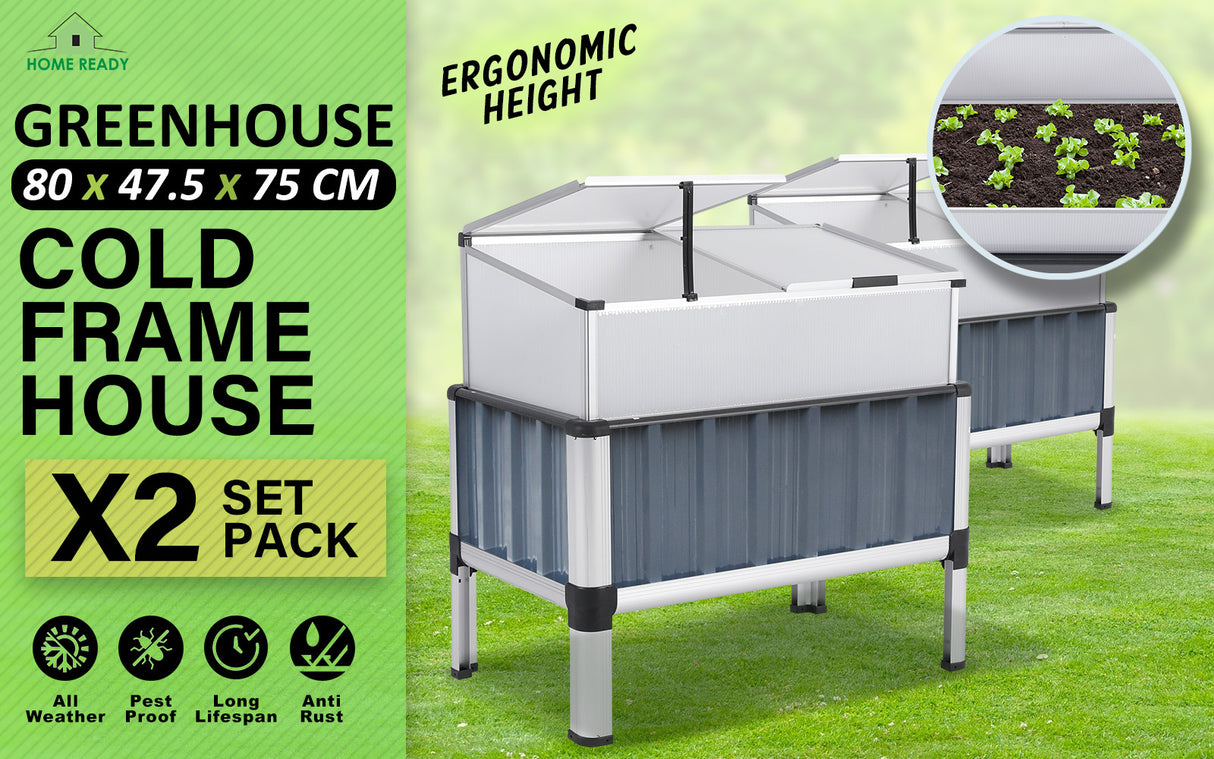 2X Raised Garden Bed With Cold Frame Greenhouse Cover 80 x 47.5 x 75cm - GREY