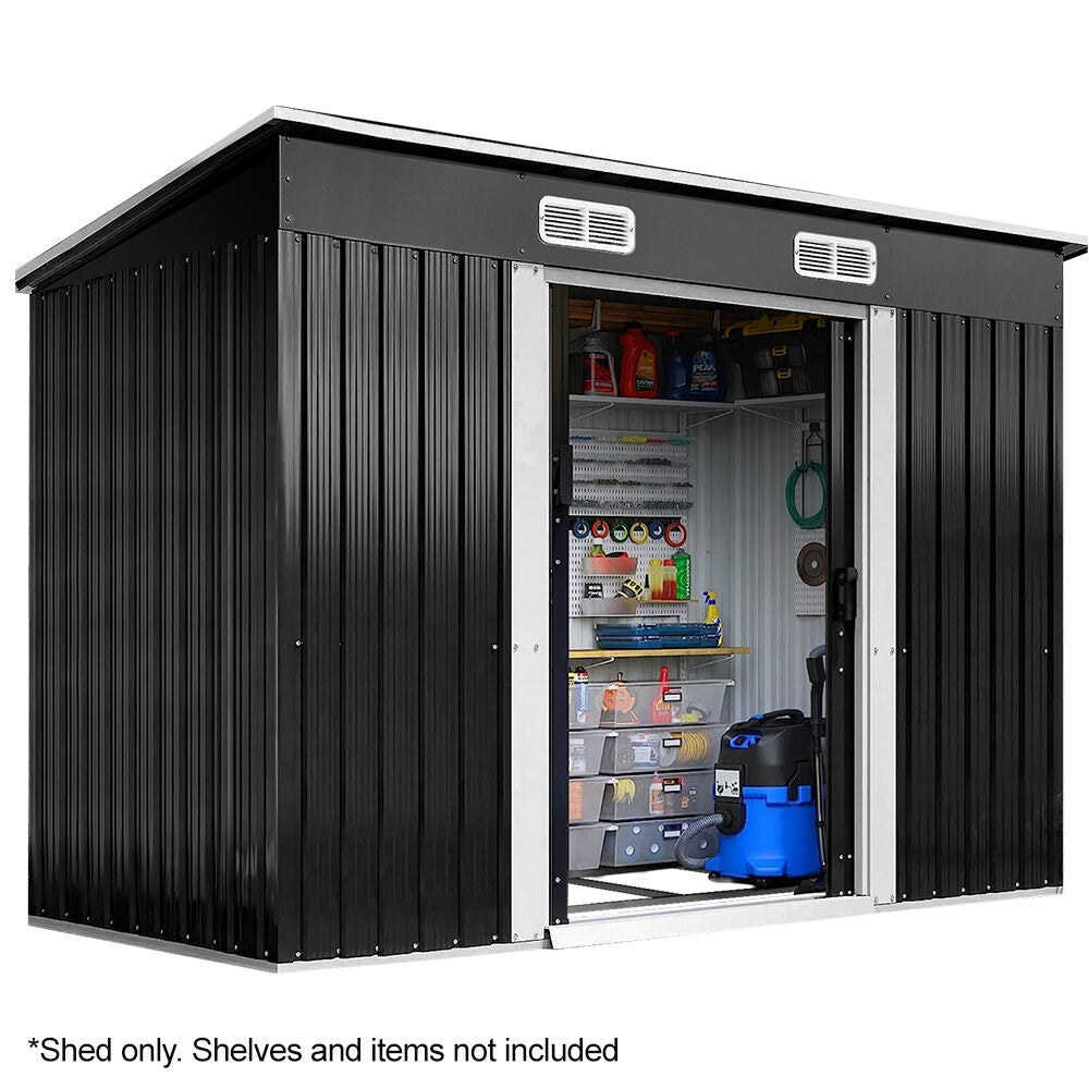 PLANTCRAFT Galvanised Steel Garden Shed 2.38 x 1.31 x 1.82m, with 2 Sliding Doors, 2 Air Vents, Skillion Roof, Floor Frame, Black