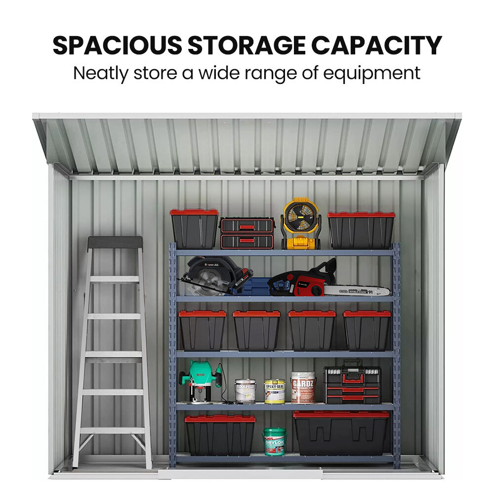 PLANTCRAFT Galvanised Steel Garden Shed 2.38 x 1.31 x 1.82m, with 2 Sliding Doors, 2 Air Vents, Skillion Roof, Floor Frame, Black