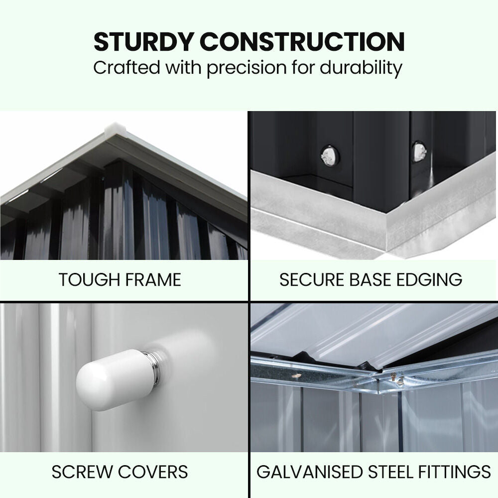 PLANTCRAFT Galvanised Steel Garden Shed 2.38 x 1.31 x 1.82m, with 2 Sliding Doors, 2 Air Vents, Skillion Roof, Floor Frame, Black