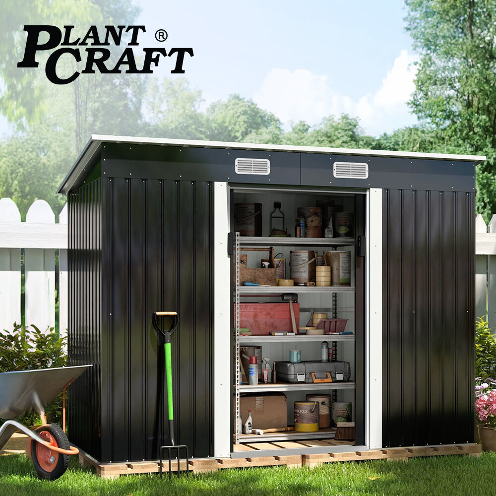 PLANTCRAFT Galvanised Steel Garden Shed 2.38 x 1.31 x 1.82m, with 2 Sliding Doors, 2 Air Vents, Skillion Roof, Floor Frame, Black