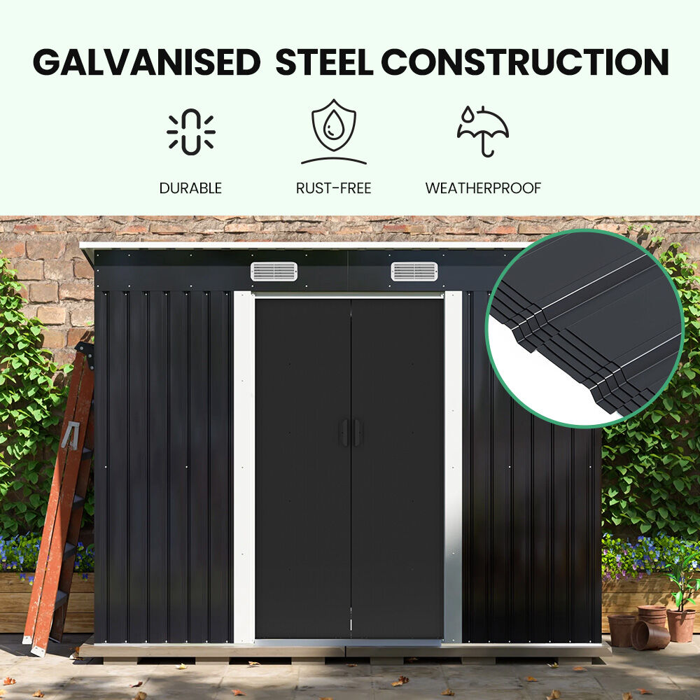 PLANTCRAFT Galvanised Steel Garden Shed 2.38 x 1.31 x 1.82m, with 2 Sliding Doors, 2 Air Vents, Skillion Roof, Floor Frame, Black