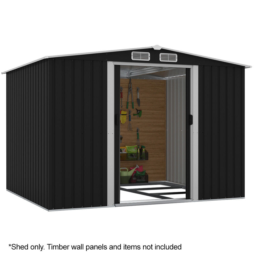 PLANTCRAFT Galvanised Steel Garden Shed 2.58 x 2.07 x 2.02m, with 2 Sliding Doors, 4 Air Vents, Gable Roof, Floor Frame, Black