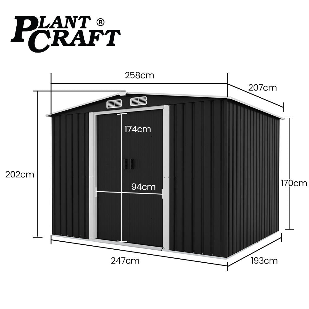 PLANTCRAFT Galvanised Steel Garden Shed 2.58 x 2.07 x 2.02m, with 2 Sliding Doors, 4 Air Vents, Gable Roof, Floor Frame, Black