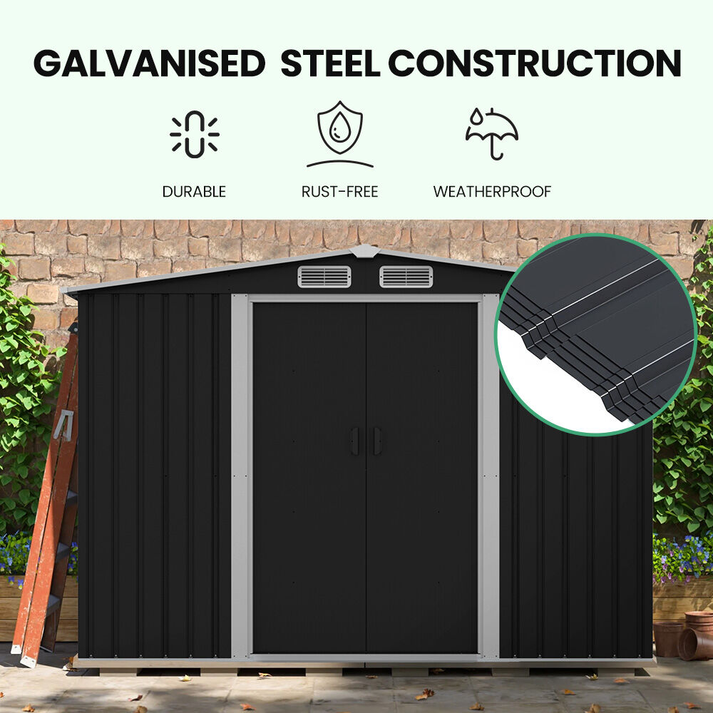 PLANTCRAFT Galvanised Steel Garden Shed 2.58 x 2.07 x 2.02m, with 2 Sliding Doors, 4 Air Vents, Gable Roof, Floor Frame, Black
