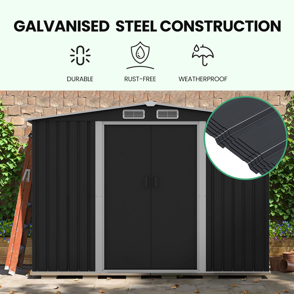 PLANTCRAFT Galvanised Steel Garden Shed 2.58 x 3.14 x 2.02m, with 2 Sliding Doors, 4 Air Vents, Gable Roof, Floor Frame, Black
