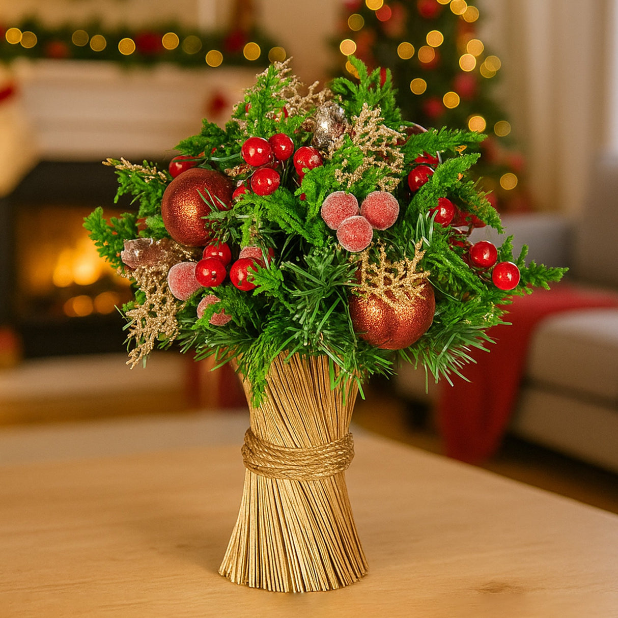 Christabelle 33cm Christmas Bouquet Floral Centrepiece with Berries & Baubles