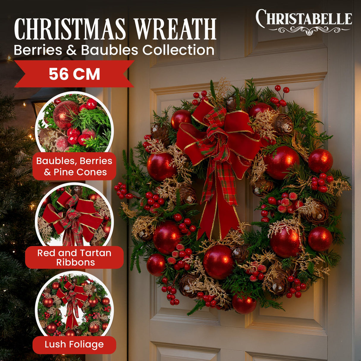 Christabelle 56cm Christmas Wreath Lush Green Door Decor, Red Berries Pine Cones
