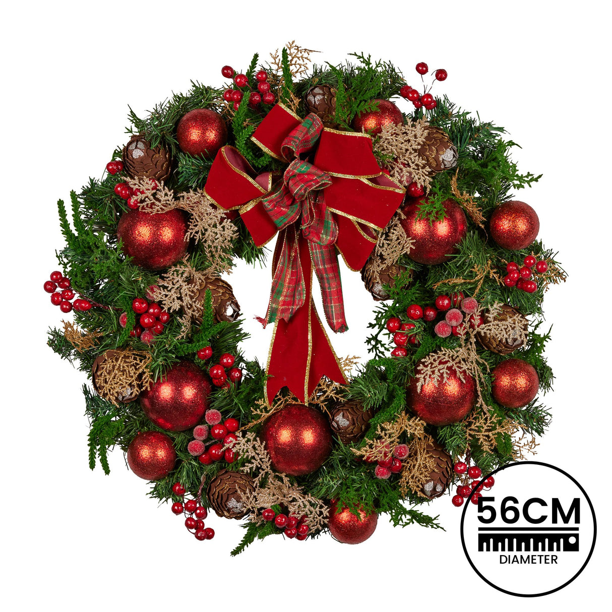 Christabelle 56cm Christmas Wreath Lush Green Door Decor, Red Berries Pine Cones