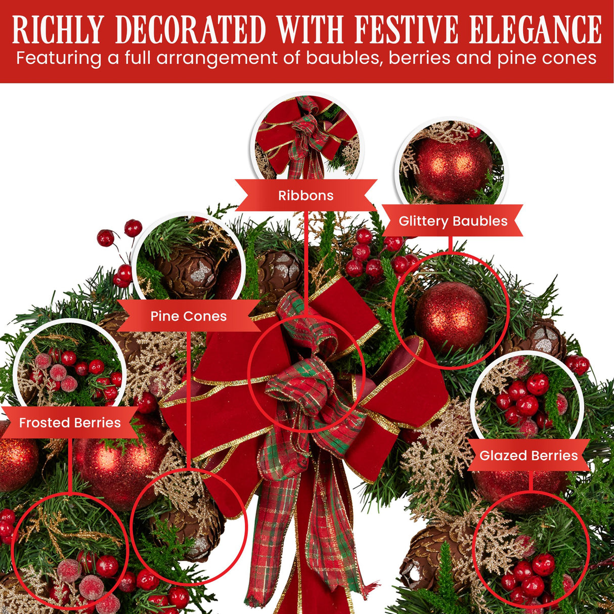 Christabelle 56cm Christmas Wreath Lush Green Door Decor, Red Berries Pine Cones